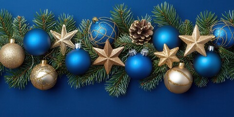 A festive arrangement of shiny blue and gold ornaments, stars, and pine cones on dark blue background, creating a cheerful holiday mood perfect for Christmas decorations.