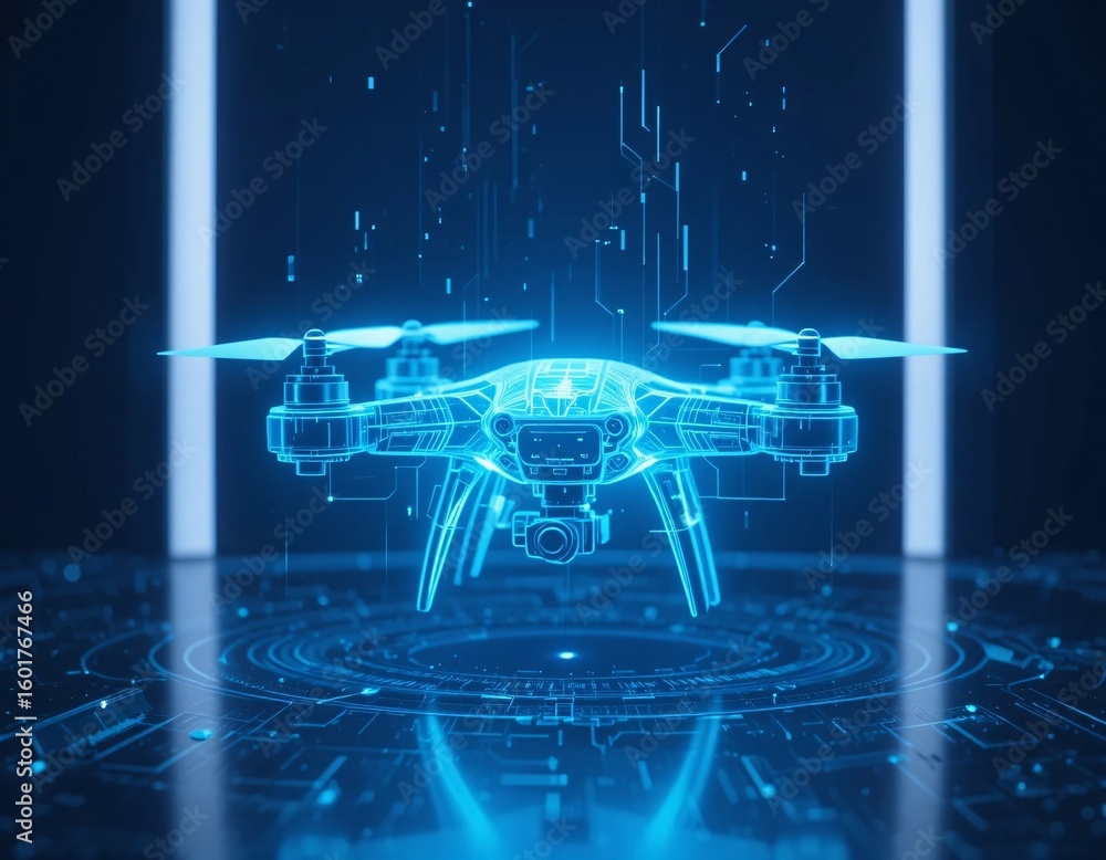 Poster a luminous blue drone hovering above a reflective surface with circuit patterns and digital lines ab