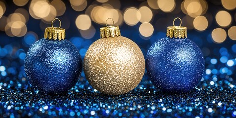 Three beautifully decorative Christmas ornaments in blue and gold, capturing the festive spirit. The shimmering background adds a magical touch to this holiday scene.