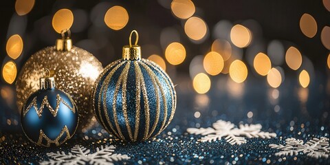 Three festive Christmas ornaments in gold and blue shine over a glittery surface, surrounded by white snowflakes and warm twinkling lights, creating a joyful holiday atmosphere.