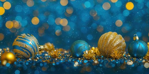 A festive arrangement of blue and gold Christmas ornaments glistening against a sparkling blue background, creating a joyful and magical holiday mood.