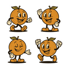 Cartoon orange fruit mascot in vintage style, with different poses, vector illustration