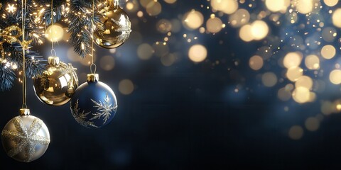 Elegant Christmas tree decorations featuring golden and blue ornaments, glistening against a soft, blurred background of warm bokeh lights, creating a festive and cheerful atmosphere.