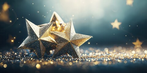 Two glittering gold stars placed on a shimmering surface, surrounded by a magical bokeh of light. The perfect representation of holiday cheer and celebration.