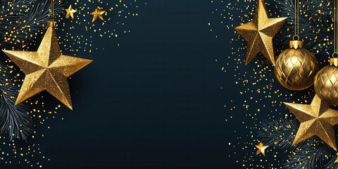 A festive arrangement featuring glittering gold stars and ornaments against a dark background, creating a joyful holiday atmosphere perfect for seasonal celebrations.