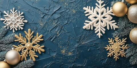A festive holiday flat lay featuring golden and white ornaments, snowflakes, and evergreen branches on a textured blue background, evoking a warm and cheerful Christmas spirit.