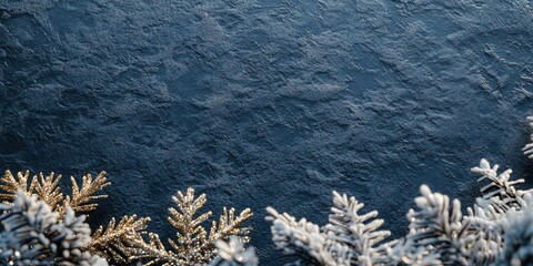 A close-up of frosted pine branches adorned with glittering accents, set against a textured dark background, creating a festive and sophisticated winter atmosphere.