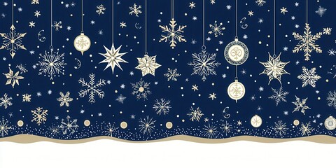 A festive blue background adorned with various gold and white snowflakes, stars, and ornaments. This whimsical design captures the essence of winter cheer and holiday spirit.