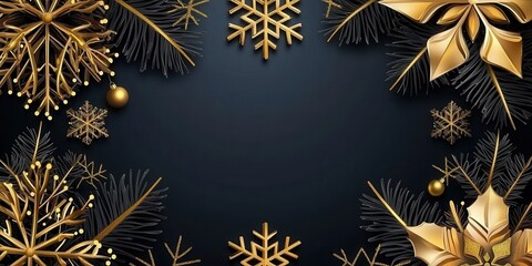 A stunning festive frame featuring golden snowflakes and elegant foliage against a dark background, perfect for holiday cards and seasonal celebrations.