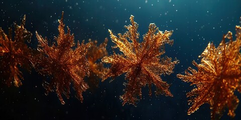 Delicate brown seaweed floats gracefully underwater, illuminated by soft blue light, creating a serene and mystical ambiance in the deep ocean depths.