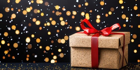 A beautifully wrapped gift with a red ribbon sits against a backdrop of shimmering bokeh lights, evoking a festive and celebratory mood, perfect for any special occasion.