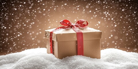 A beautifully wrapped gift box with a red ribbon, resting on a snowy surface, surrounded by a softly falling snow. Perfect for festive holidays and winter celebrations.