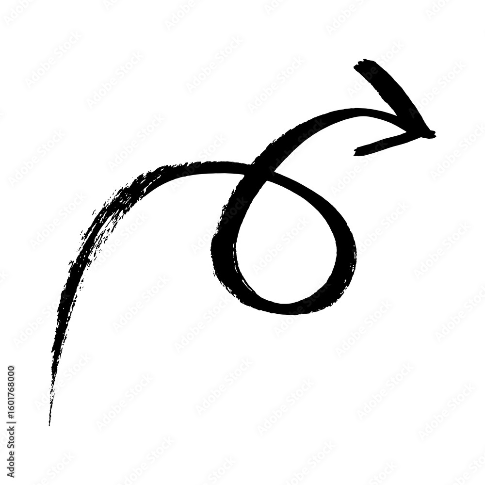 Poster hand-drawn black arrow with a swirl, created with a rough brush stroke. grunge style ink illustratio