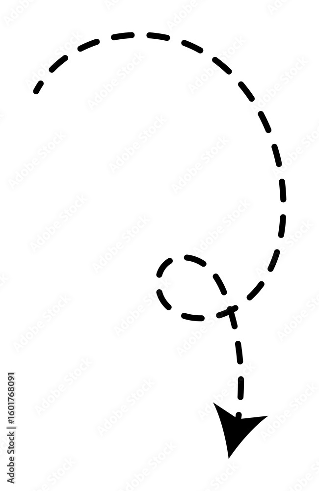 Poster minimalist graphic of a curving dotted line arrow moving in a downward spiral. a simple concept of d