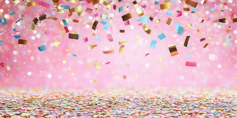 A vibrant celebration scene featuring an explosion of colorful confetti against a soft pink background, creating a joyful and festive atmosphere perfect for parties and events.