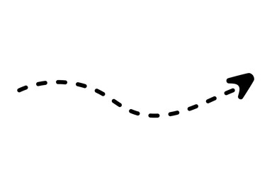 Minimalist hand-drawn arrow with a wavy dashed line. Black doodle icon representing a conceptual path, flow, and direction, isolated on white.