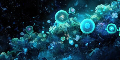 Fototapeta premium A digital art piece showcasing a bioluminescent microbial ecosystem