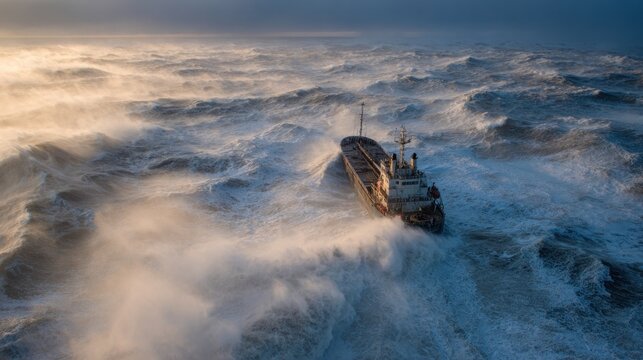 Cargo Ship Battling Furious Ocean Waves