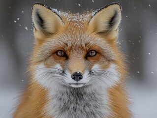 Obraz premium Close-up of a red fox in winter. Snow falls around the face