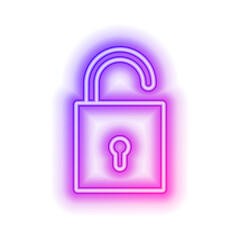 Vibrant neon unlocked padlock sign glowing with purple and pink light. A luminous illustration representing access, freedom, and security.
