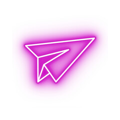 Glowing pink neon paper airplane icon. Luminous sign symbolizing digital communication, sending messages, and online sharing.