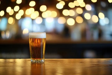 Single glass of golden beer with a frothy head on a wooden bar counter, against a backdrop of warm, glowing bokeh lights, creating a relaxed, inviting, and visually soothing drink scene perfect for ba