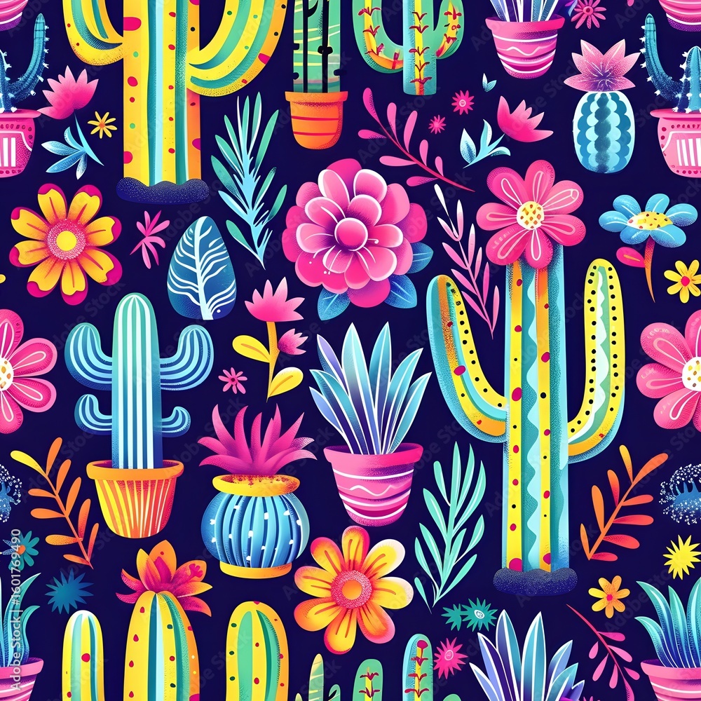 Poster seamless pattern with colorful cacti, flower and botanical elements. abstract texture for fabric, te