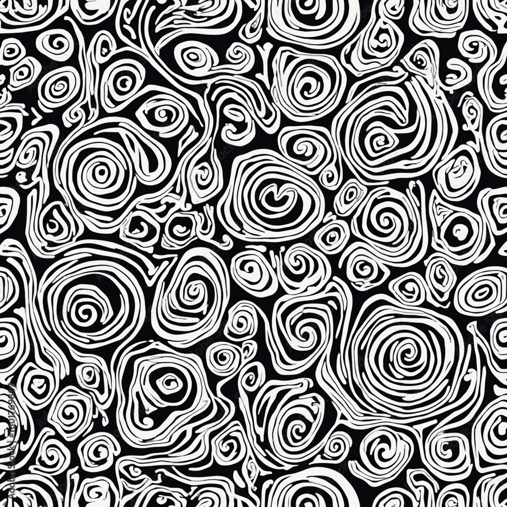 Poster abstract black and white pattern featuring swirling, organic shapes and lines creating a dynamic, te