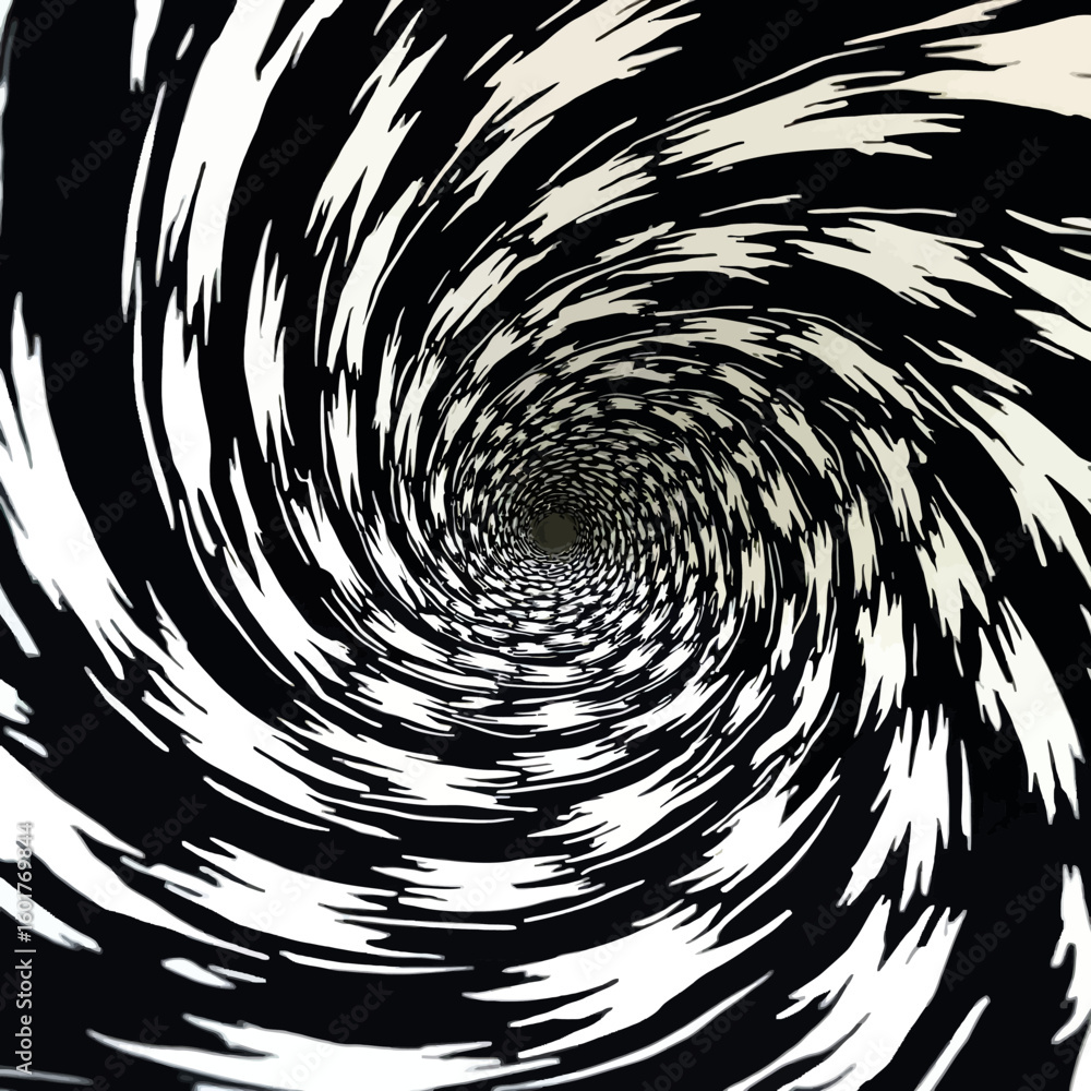 Poster abstract swirling vortex illusion with black and white jagged lines, creating a sense of depth and m