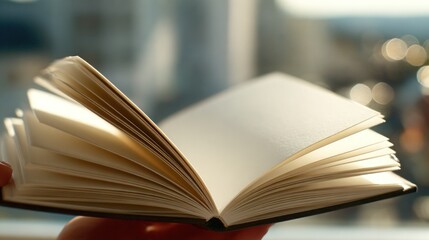 Open book, sunlight, out of focus background