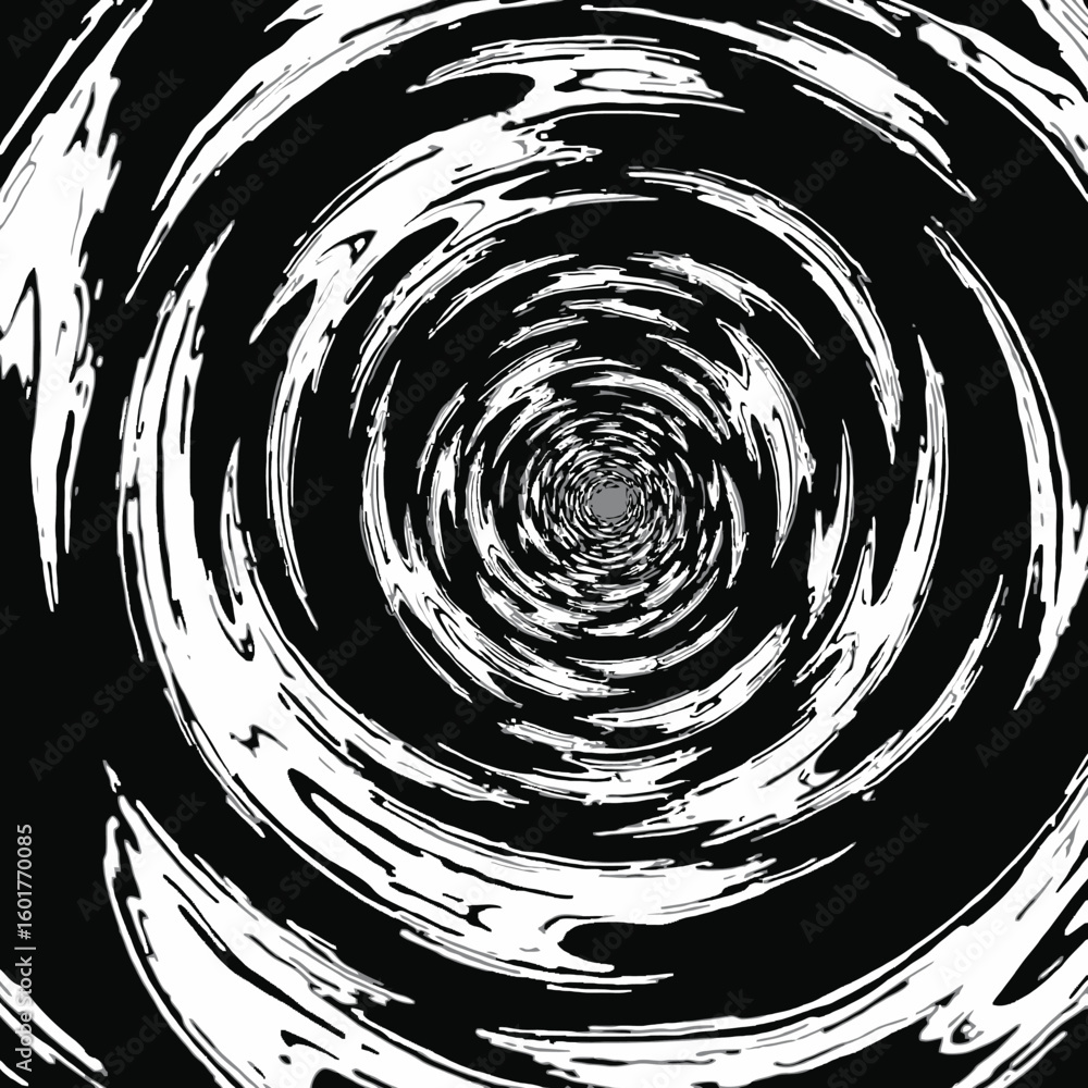 Poster abstract image of a swirling vortex, with dynamic white lines against a dark black background, creat