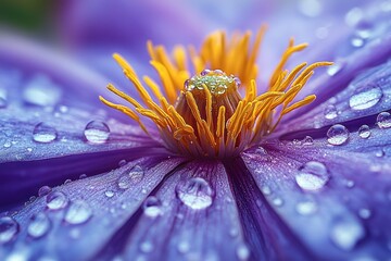Close-up of a vibrant purple clematis flower, covered in dew drops.  The intricate details of the flower's stamens and petals are highlighted, showcasing a soft, luminous quality