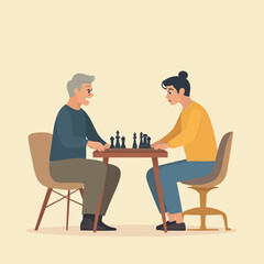Two people, an older man and a younger person, are playing a game of chess at a table.