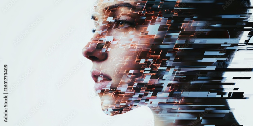 Aufkleber a digital glitch effect where a personâ€™s face fractures into shifting geometric patterns