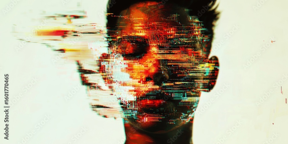 Poster a digital glitch effect where a personâ€™s face fractures into shifting geometric patterns