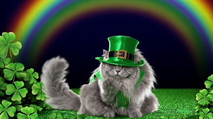 Charming 4K holiday loop featuring playful cat sporting emerald leprechaun hat rainbow arch clover confetti radiating cheerful Saint Patrick’s Day spirit seasonal greeting cards banners social media