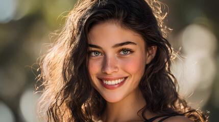 cheerful young Latina with wavy dark brown hair