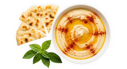 Delicious hummus with pita bread and basil isolated on transparent background