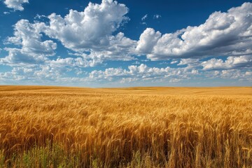 Obraz premium Golden wheat field stretches under a bright blue sky filled with fluffy white clouds