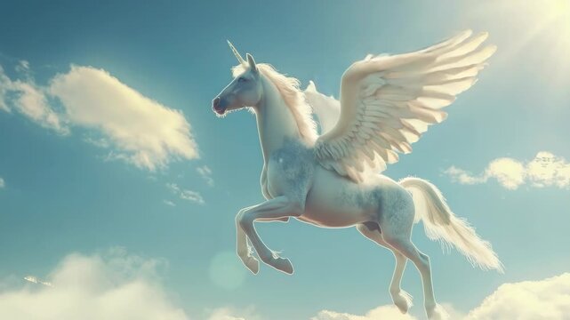 A majestic unicorn with wings, symbolizing purity and grace, flying amidst clouds.