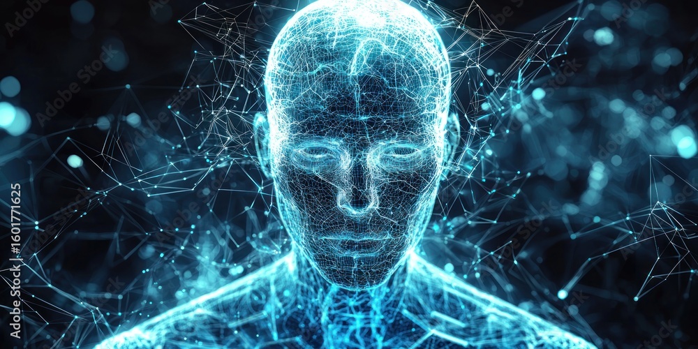 Poster a digital representation of a futuristic human with neural-linked technology embedded in their skin