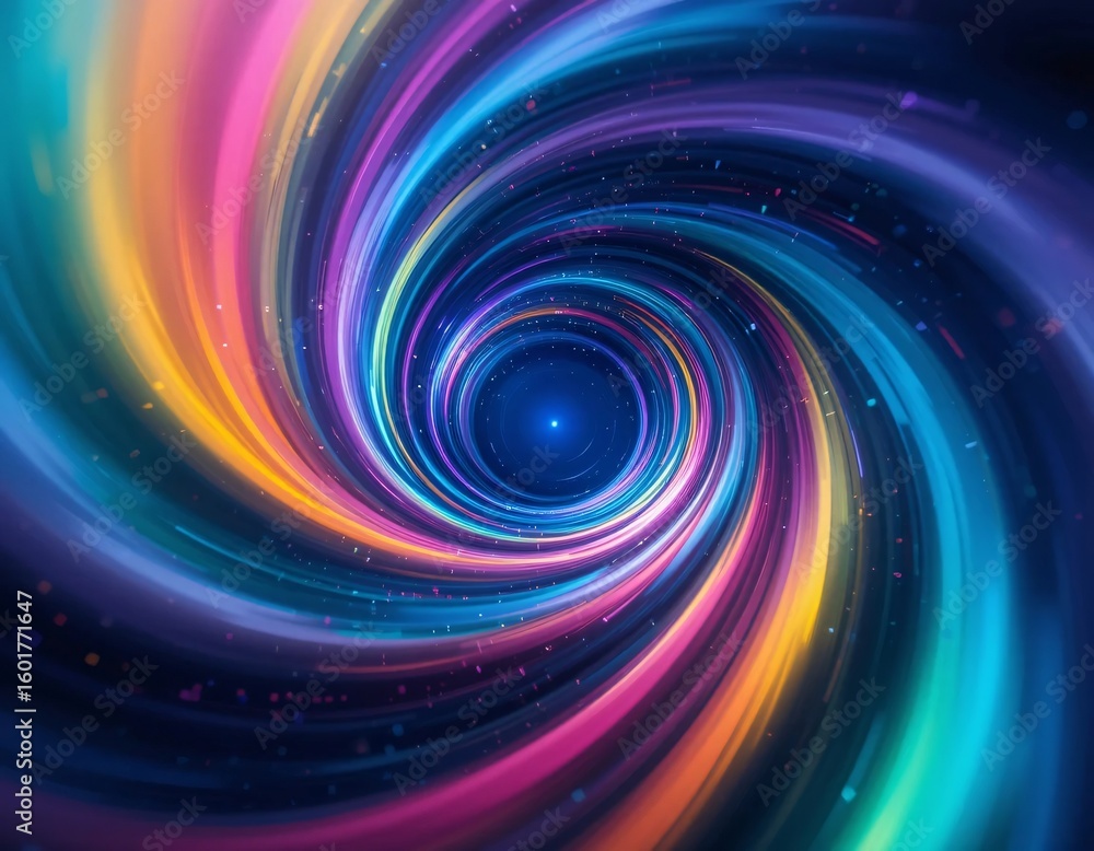 Poster a vibrant swirl of multicolored light forming a tunnel effect with a bright center point of light