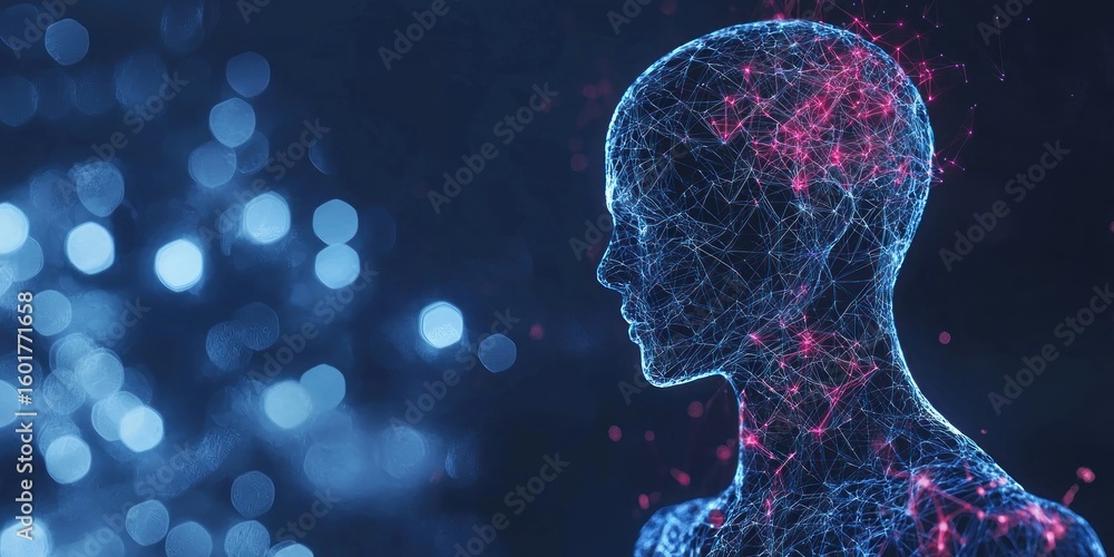 Poster a digital representation of a futuristic human with neural-linked technology embedded in their skin