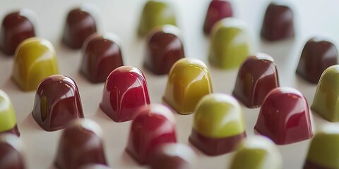 A colorful assortment of gourmet chocolate candies, featuring rich hues of brown, green, and red, arranged artfully in a grid for an elegant presentation.