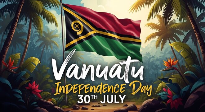 Vanuatu Independence Day Celebration: Tropical Flag, Palm Trees, Lush Landscape, July 30th. - Powered by Adobe