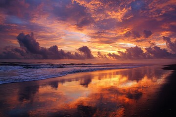 Colorful sky reflected on a sandy beach with gentle waves at sunrise or sunset