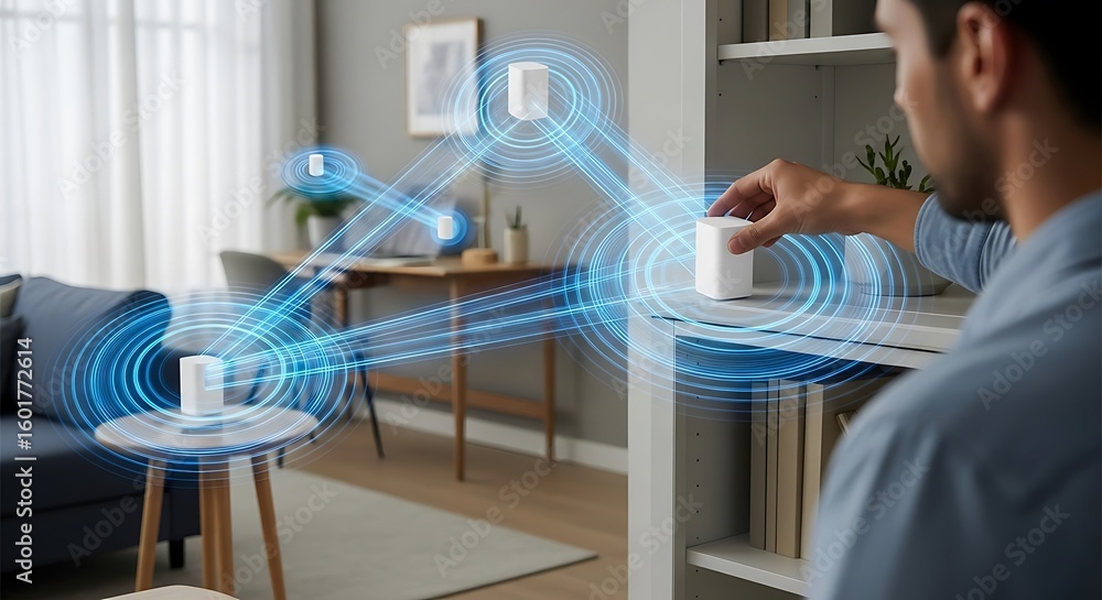 Poster a man interacts with smart home devices, visualized by glowing network connections.