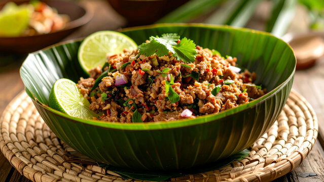 Authentic spicy Thai minced meat salad, a traditional Larb dish, served in a banana leaf bowl with fresh lime and herbs on a rustic wooden table. - Powered by Adobe