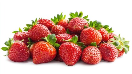 Obraz premium A vibrant pile of fresh strawberries with green leaves against a white background studio shot close up