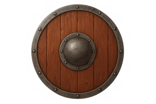 Metal-reinforced wooden shield featuring central boss and riveted edges, historical medieval design rendering, applicable to fantasy graphic projects